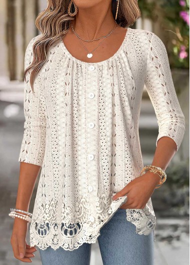 women clothes image of Beige Patchwork Long Sleeve Scoop Neck T Shirt