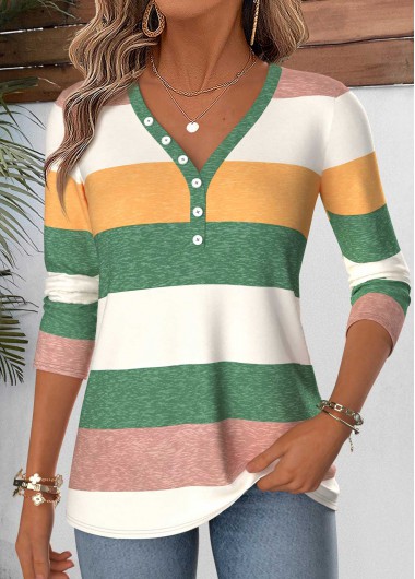 women clothes image of Multi Color Striped Curved Hem Long Sleeve T Shirt