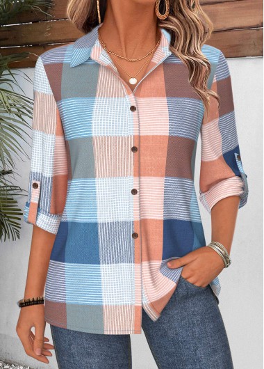 women clothes image of Multi Color Plaid Tummy Coverage 3/4 Sleeve Shirt