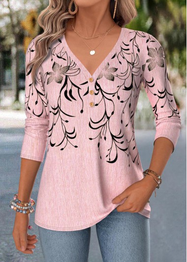 women clothes image of Light Pink Floral Print Curved Hem T Shirt