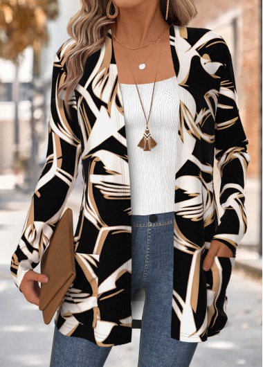 women clothes image of Black Curved Hem Geometric Print Long Sleeve Coat