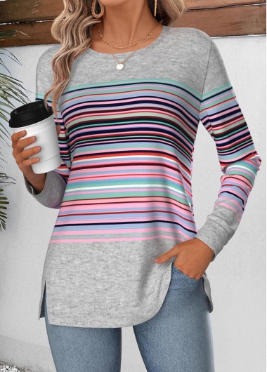 women clothes image of Multi Color Striped Long Sleeve Round Neck Sweatshirt