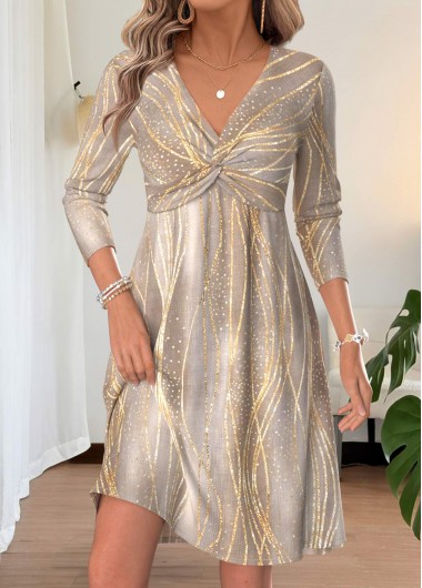women clothes image of Light Coffee Geometric Print Short Twist Long Sleeve Dress