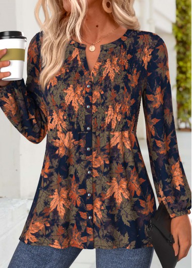 women clothes image of Multi Color Leaf Print Smocked Long Sleeve Blouse