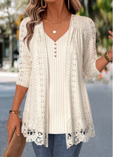 women clothes image of Beige Long Sleeve V Neck Fake Two Piece Twinset