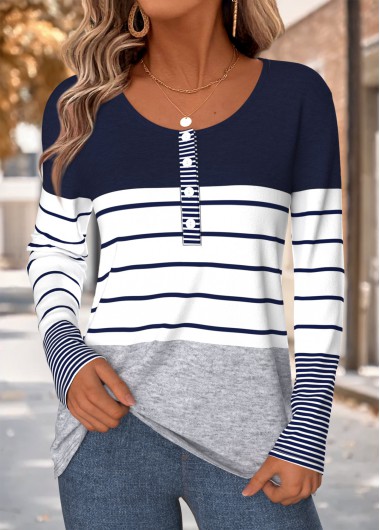 women clothes image of Navy Striped Patchwork Long Sleeve Round Neck T Shirt