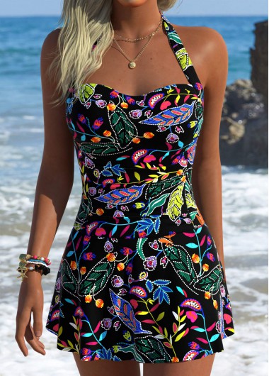 women clothes image of Black Curved Hem Ditsy Floral Print One Piece Swimdress