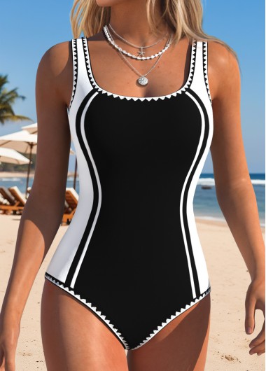 women clothes image of Black Patchwork Scoop Neck One Piece Swimwear