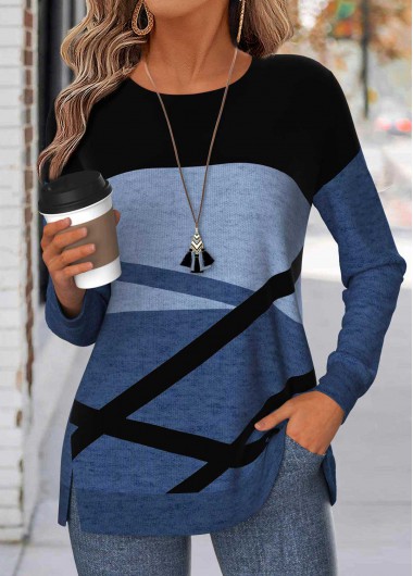 women clothes image of Blue Geometric Print Tummy Coverage Long Sleeve Sweatshirt