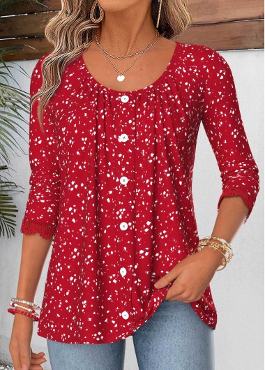 women clothes image of Red Geometric Print Curved Hem Long Sleeve T Shirt