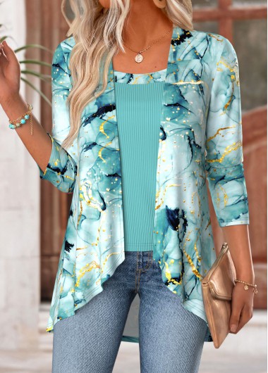 women clothes image of Sage Green Marble Print Fake Two Piece Twinset