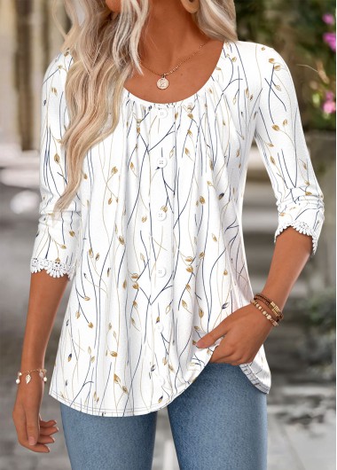 women clothes image of White Ditsy Floral Print Curved Hem T Shirt