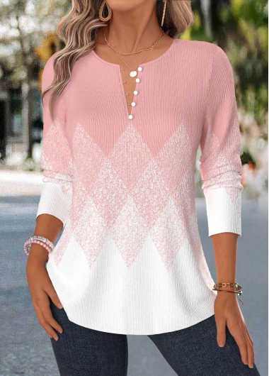 women clothes image of Light Pink Tuck Stitch Geometric Print Long Sleeve Blouse