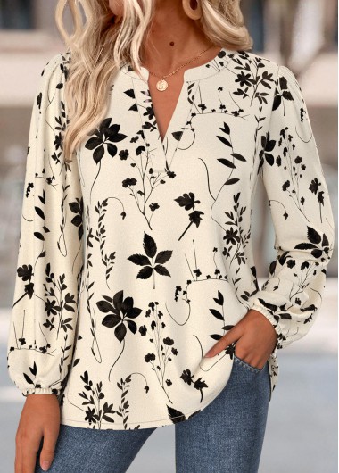 women clothes image of Beige Random Floral Print Shirred Long Sleeve Blouse