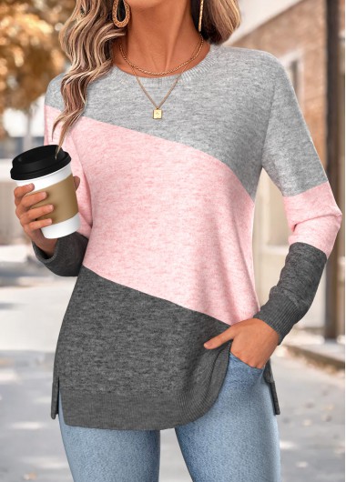 women clothes image of Pink Geometric Print Long Sleeve Round Neck Sweatshirt