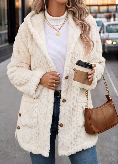 women clothes image of Beige Curved Hem Long Sleeve Hooded Coat