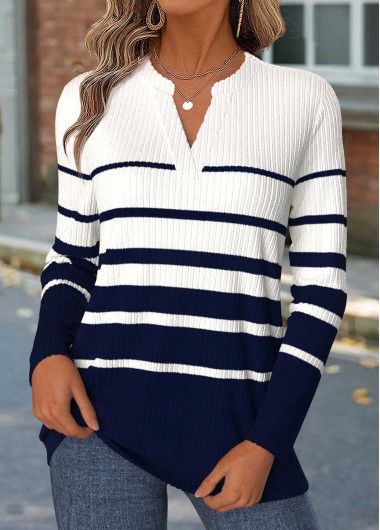 women clothes image of Navy Striped Curved Hem Long Sleeve T Shirt