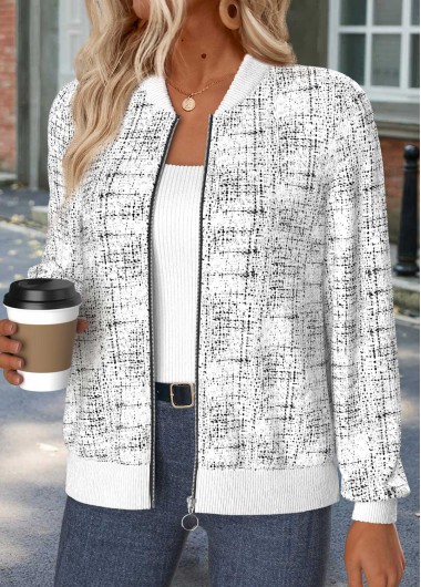 women clothes image of Raw White Tummy Coverage Geometric Print Long Sleeve Jacket