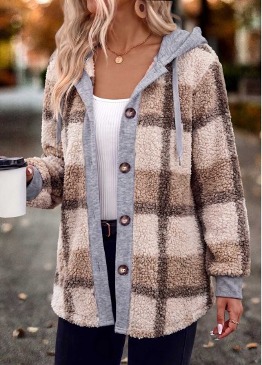 women clothes image of Light Camel Patchwork Plaid Long Sleeve Hooded Coat