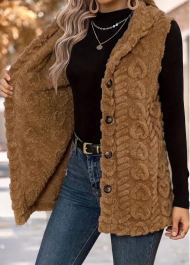 women clothes image of Dark Camel Tummy Coverage Sleeveless Hooded Waistcoat