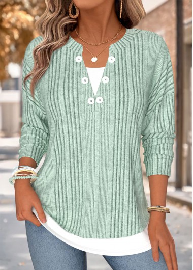 women clothes image of Sage Green Fake 2in1 Long Sleeve T Shirt