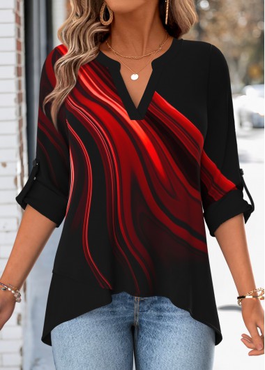women clothes image of Red Ombre Layered Long Sleeve High Neck Blouse