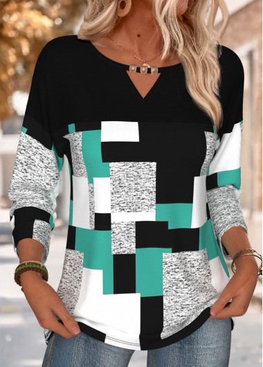 women clothes image of Black Geometric Print Beaded Long Sleeve T Shirt
