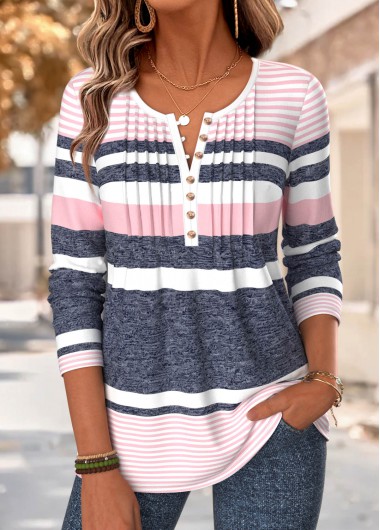 women clothes image of Multi Color Striped Tuck Stitch Long Sleeve T Shirt