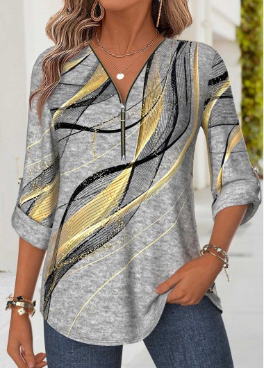women clothes image of Multi Color Geometric Print Curved Hem 3/4 Sleeve Blouse
