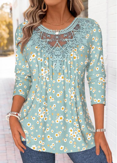 women clothes image of Sage Green Ditsy Floral Print Patchwork T Shirt