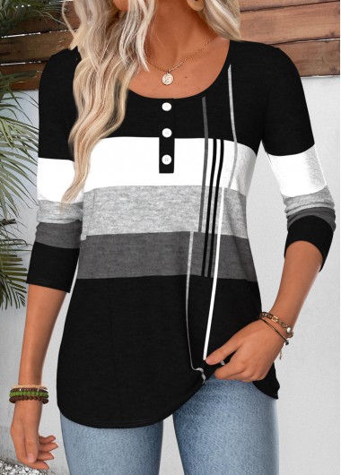women clothes image of Black Geometric Print Curved Hem Long Sleeve T Shirt