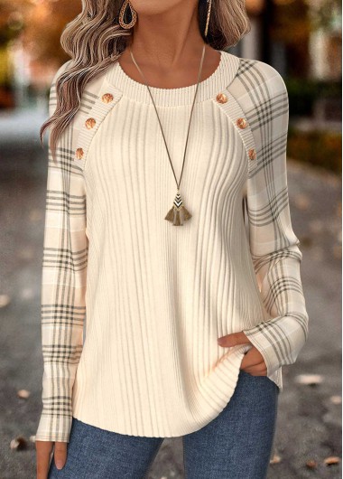 women clothes image of Beige Plaid Patchwork Long Sleeve Round Neck T Shirt