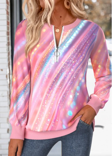 women clothes image of Pink Ombre Zipper Long Sleeve Round Neck Sweatshirt