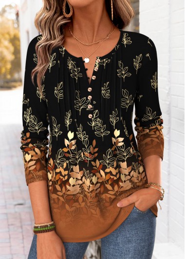 women clothes image of Black Leaf Print Tuck Stitch Long Sleeve T Shirt