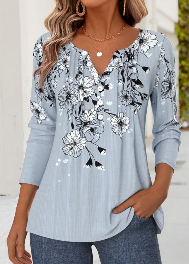 women clothes image of Dusty Blue Floral Print Tuck Stitch T Shirt