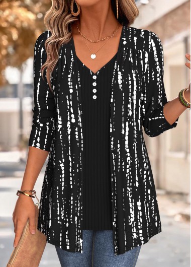 women clothes image of Black Tie Dye Print Fake Two Piece Twinset