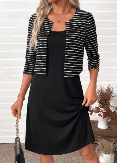 women clothes image of Black Striped Two-piece Long Sleeve Round Neck Dress
