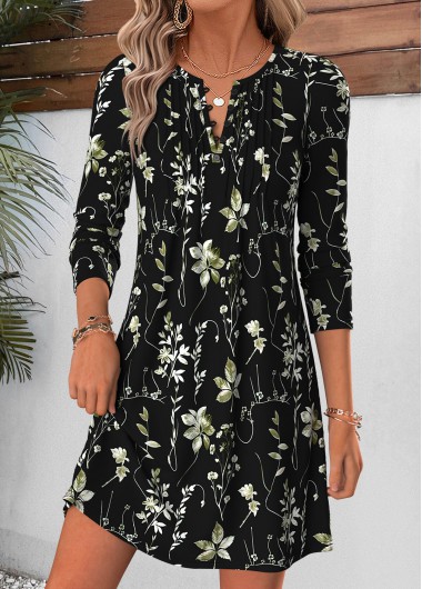 women clothes image of Black Leaf Print Short Tuck Stitch Long Sleeve Dress