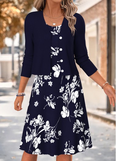 women clothes image of Navy Floral Print Two-piece Long Sleeve Round Neck Dress