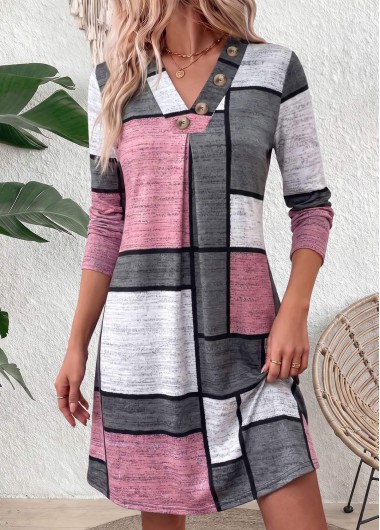 women clothes image of Multi Color Geometric Print Tummy Coverage Long Sleeve Dress