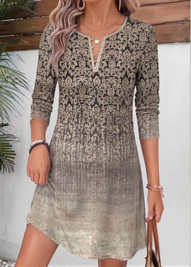 women clothes image of Gray Brown Ombre Short Tummy Coverage Long Sleeve Dress