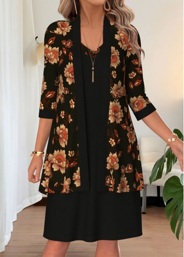 women clothes image of Black Floral Print Two-piece Long Sleeve Dress and Cardigan