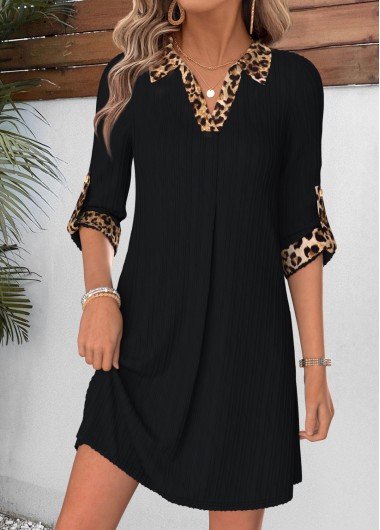 women clothes image of Black Leopard Short Patchwork Long Sleeve Shirt Collar Dress