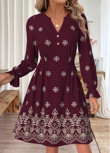 women clothes image of Wine Red Tribal Print Smocked Long Sleeve Dress