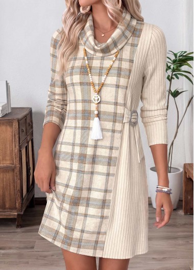 women clothes image of Beige Plaid Short Fake 2in1 Long Sleeve Dress