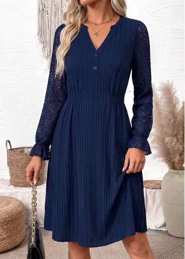 women clothes image of Navy Smocked Long Sleeve Split Neck Dress