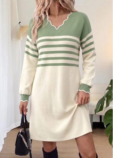 women clothes image of Multi Color Striped Scalloped Hem Long Sleeve Dress