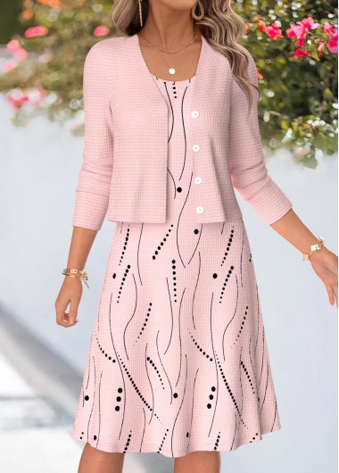 women clothes image of Light Pink Geometric Print Two-piece Dress and Cardigan