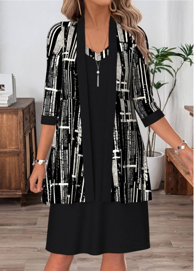 women clothes image of Black Geometric Print Two-piece Long Sleeve Dress and Cardigan