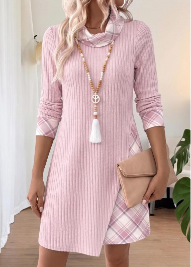women clothes image of Pink Plaid Short Fake 2in1 Long Sleeve Dress